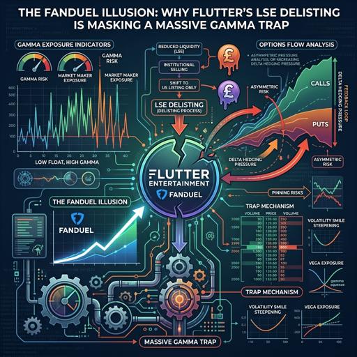 Flutter's LSE delisting is forcing European fund selling, while US players accumulate. This creates a severe market dislocation, with options data showing a violent squeeze as bearish bets unwind.